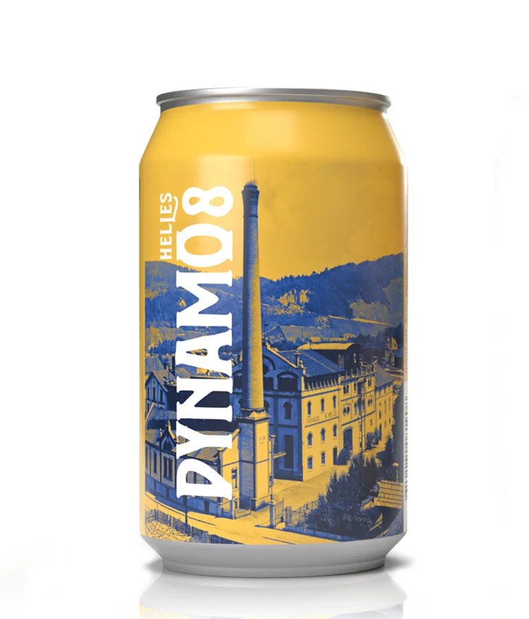 Müller Bräu Dynamo8. Helles Bier. Auf der Dose ist die Brauerei H. Müller aus früheren Jahren zu sehen.