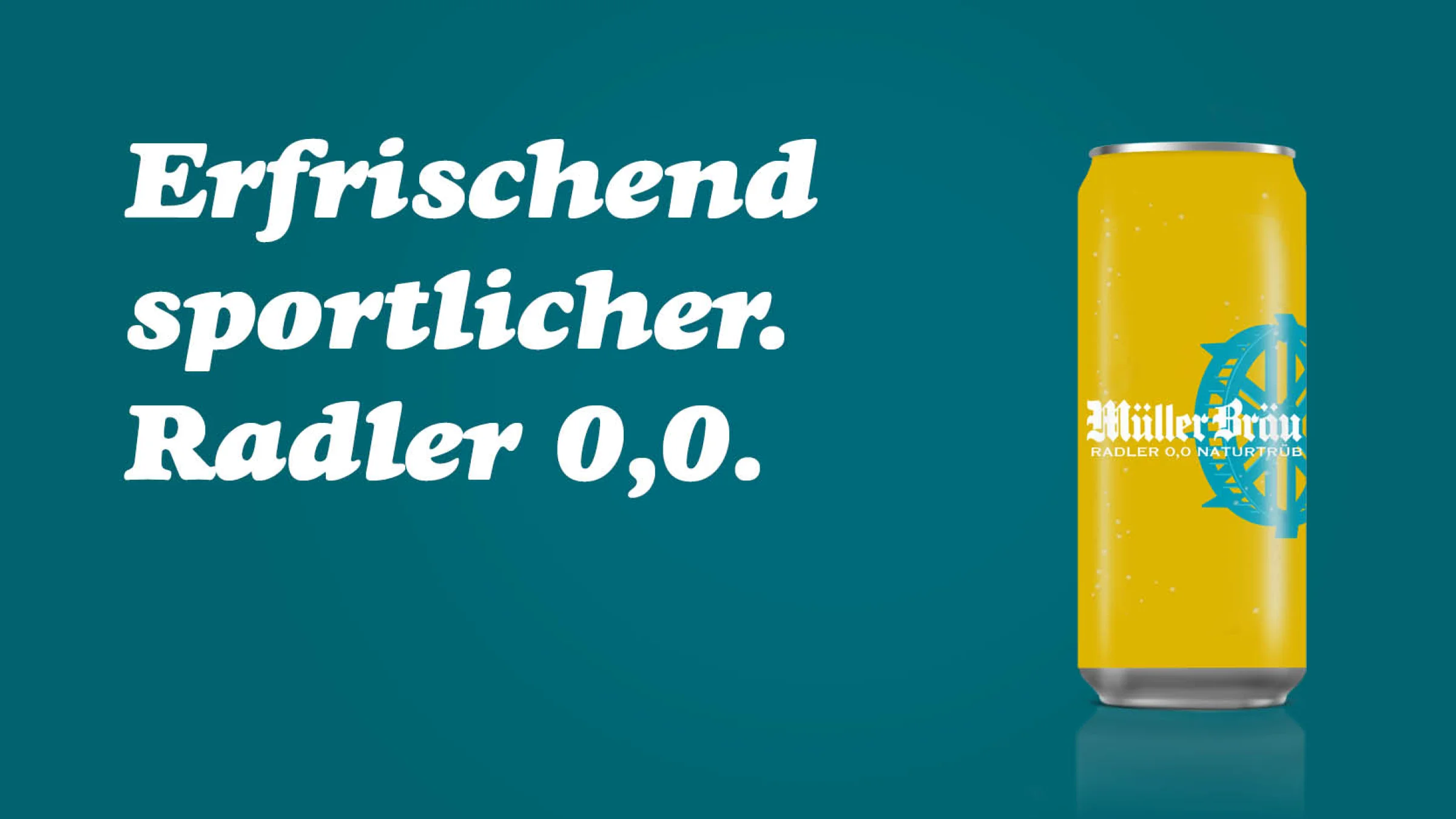 Müller Bräu Radler 0,0. Es ist eine gelbe 50cl Dose mit dem türkisen Mühlerad zu sehen, in welcher das alkoholfreie Bier-Mischgetränk ist.